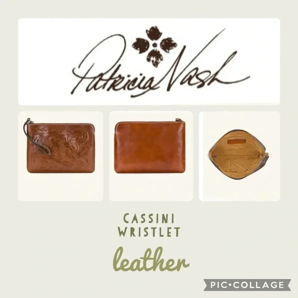 Patricia Nash Cassini Wristlet with tooled floral pattern in Florence Brown